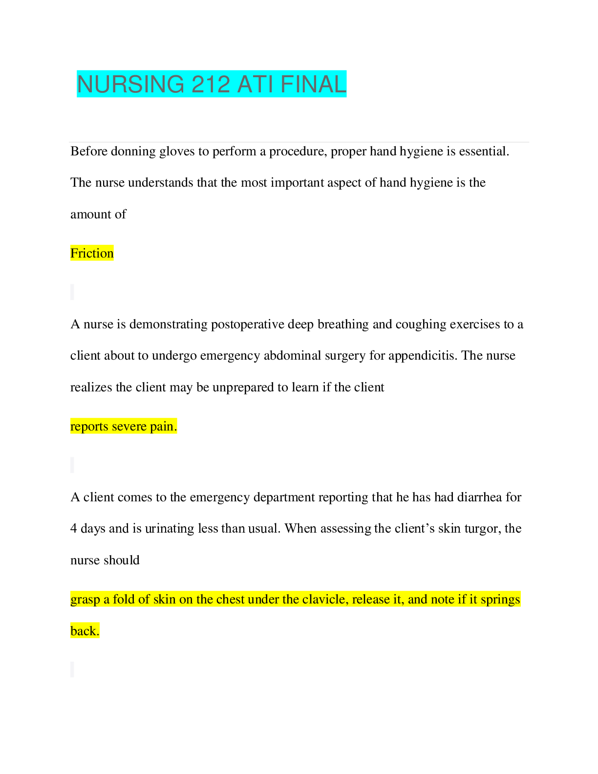 Preview of NURSING 212 ATI FINAL Questions and Answers with Explanations (STUDY MODE) Questions and A